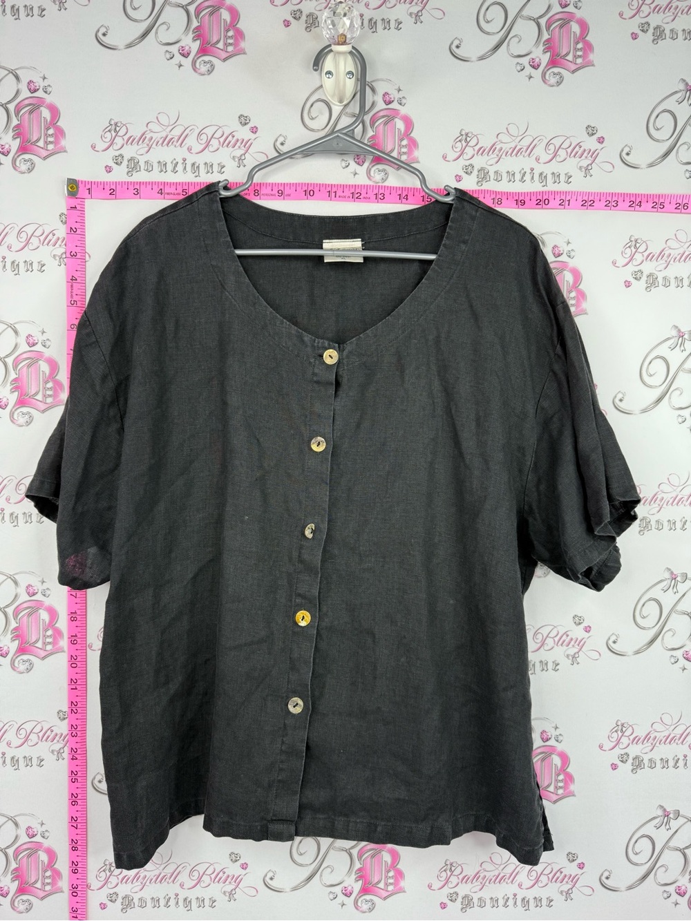 A GRANDE MULHER linen shirt Relaxed Black Button-Front Short Sleeve Women's Top